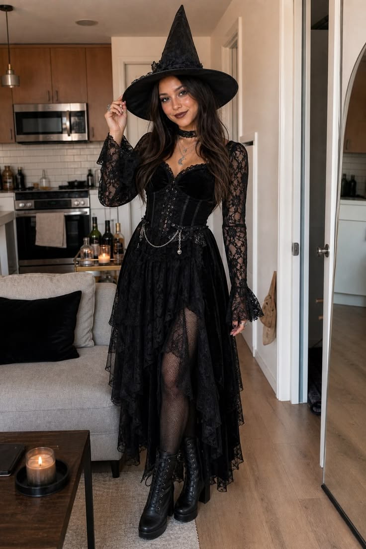 Vestido preto, renda e chapéu
