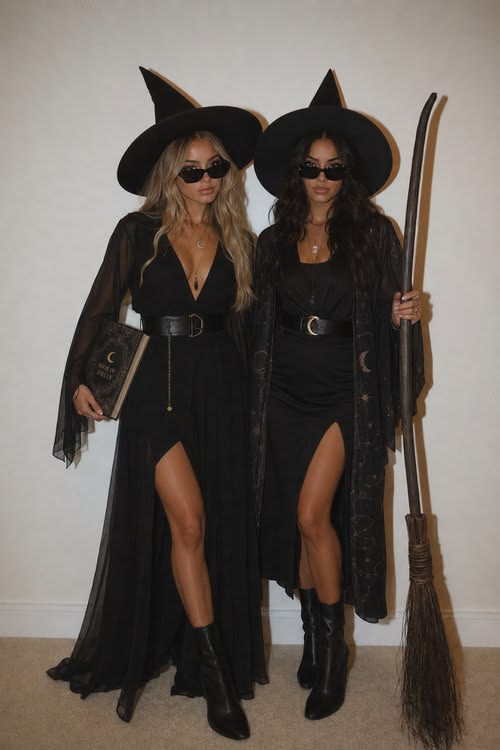 Vestidos pretos e chapéus de bruxa