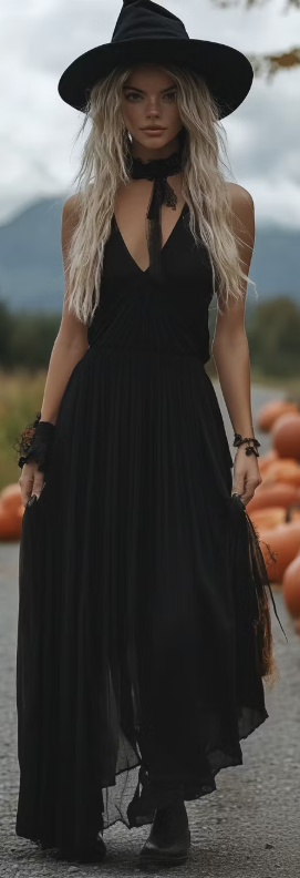 Vestido preto e chapéu de bruxa