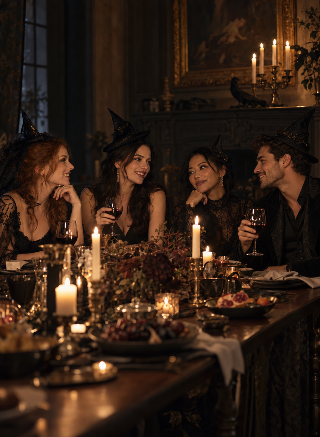 Três mulheres e um homem com trajes elegantes de Halloween reunidos entre velas e taças de vinho em uma noite intimista